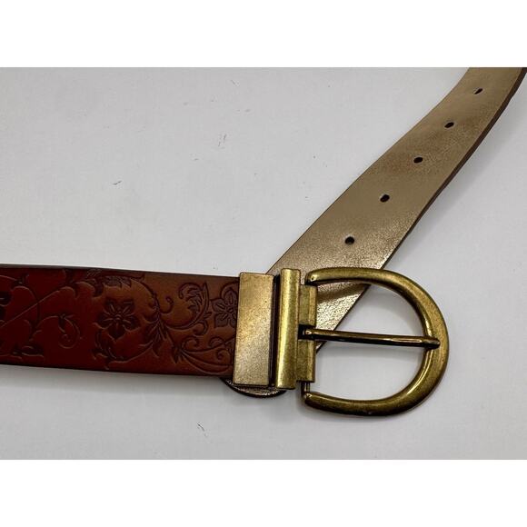 Reversible Brown Floral Embossed Leather Belt Metallic Gold Boho Brass Buckle main image 7